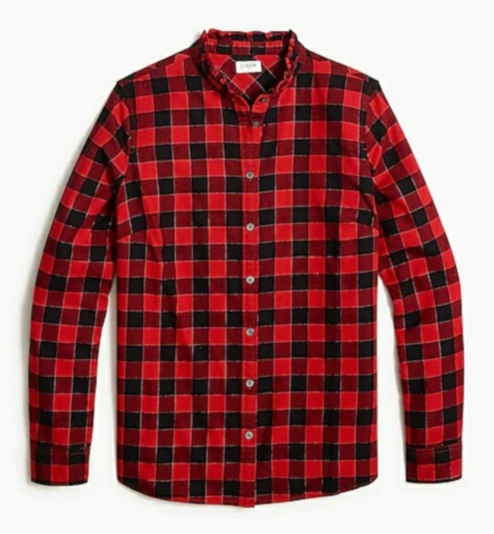 J. CREW FACTORY Buffalo Plaid Ruffle Collar Flannel Shirt Red Black Silver S - Picture 10 of 16